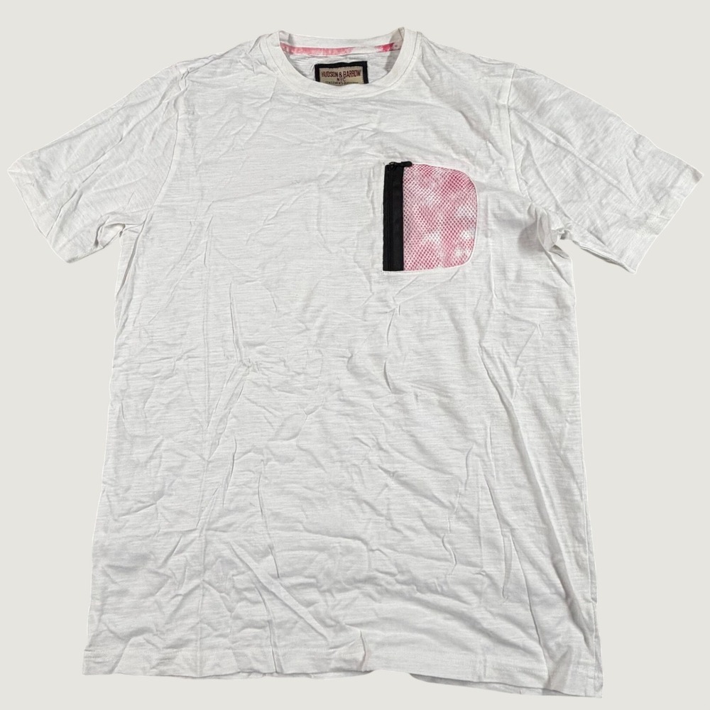 Hudson & Barrow NYC Mens White Slub Knit T-Shirt Pink Mesh Zip Pocket Medium